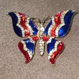 Red and Blue Rhinestone Butterfly Brooch
